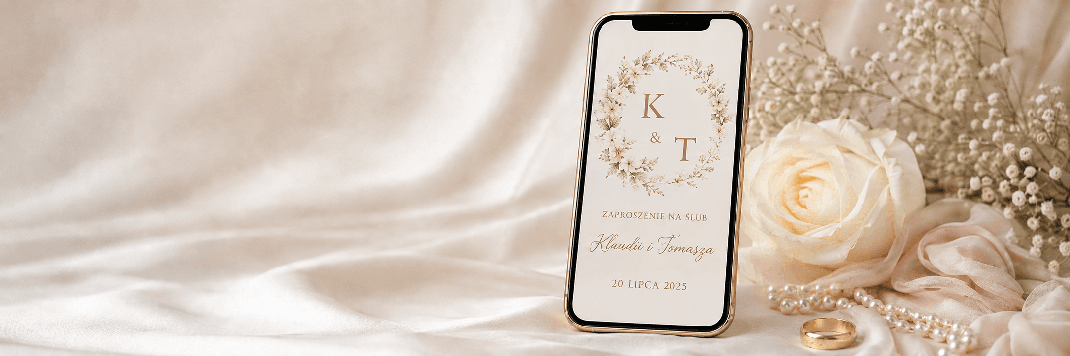 Zaproszenie ślubne Klaudii i Tomasza na telefonie, obok kremowa róża, perły i obrączka
